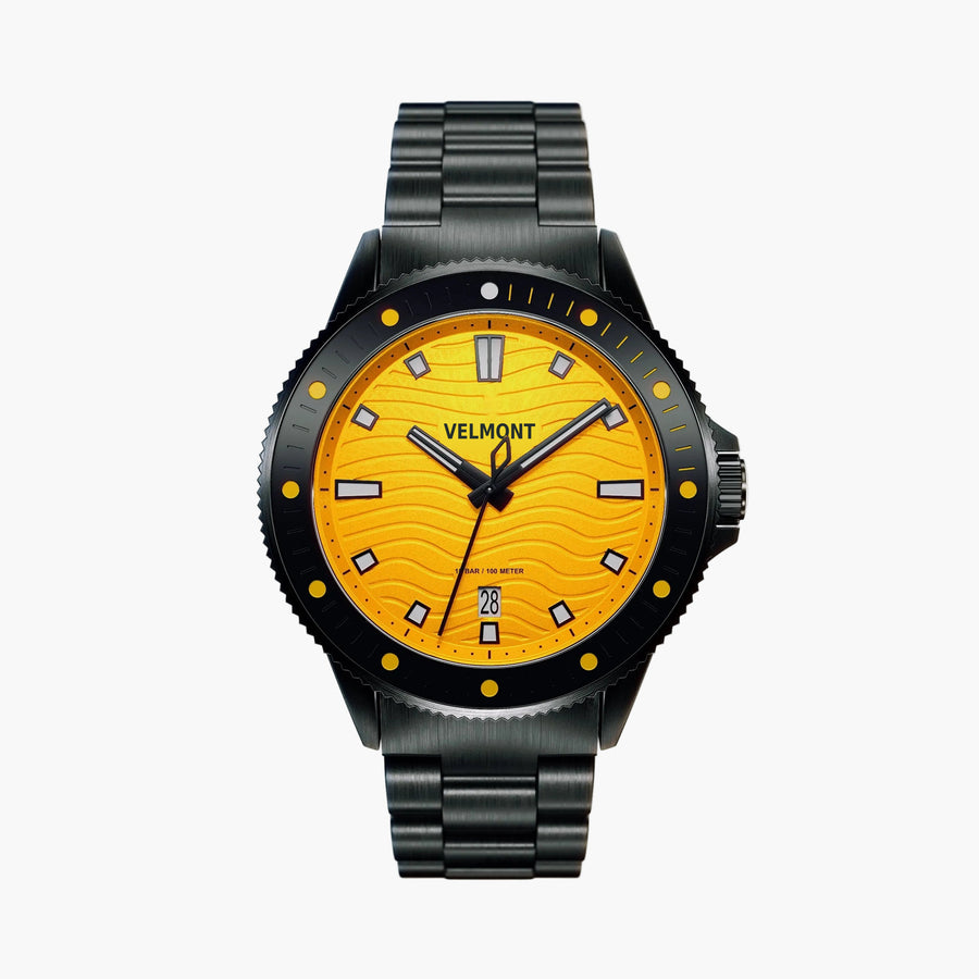 Diver-style watch with a yellow wave dial, black bezel and black link bracelet.