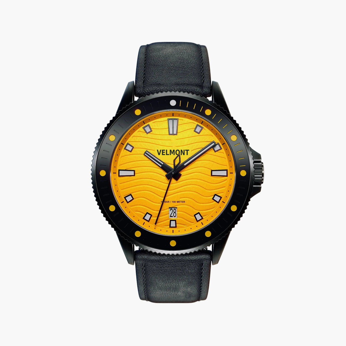 Black diver-style watch with a yellow wave-patterned dial on a matte black strap.