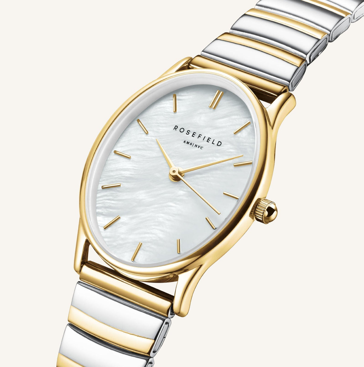 Close-up of the oval case and two-tone links