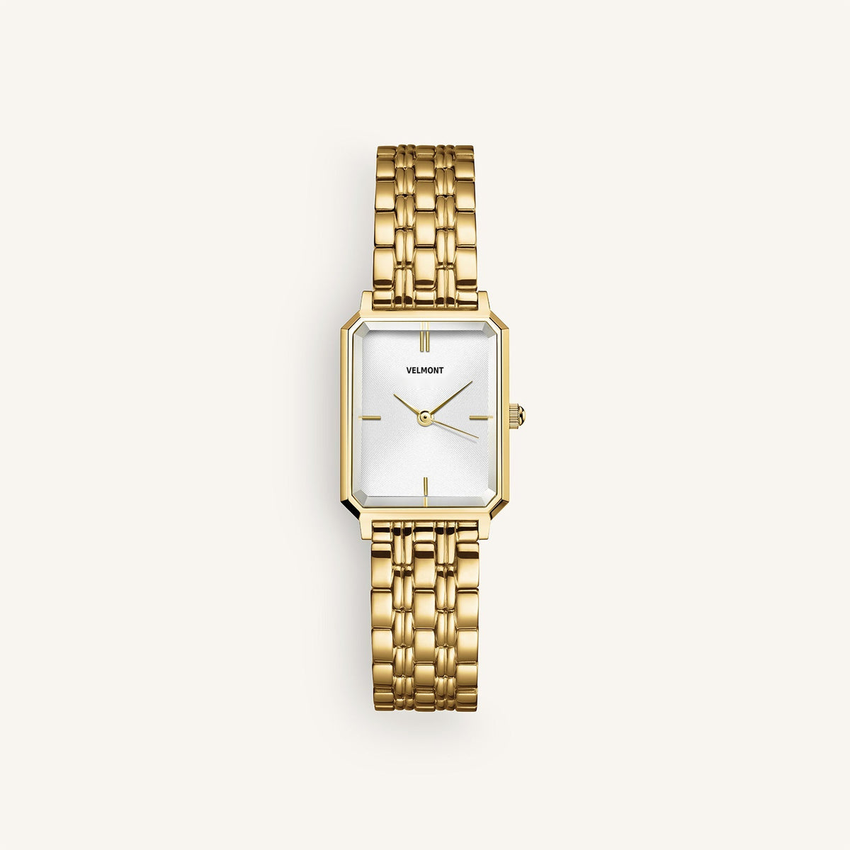 Gold-tone rectangular watch with cut corners and link bracelet, front view