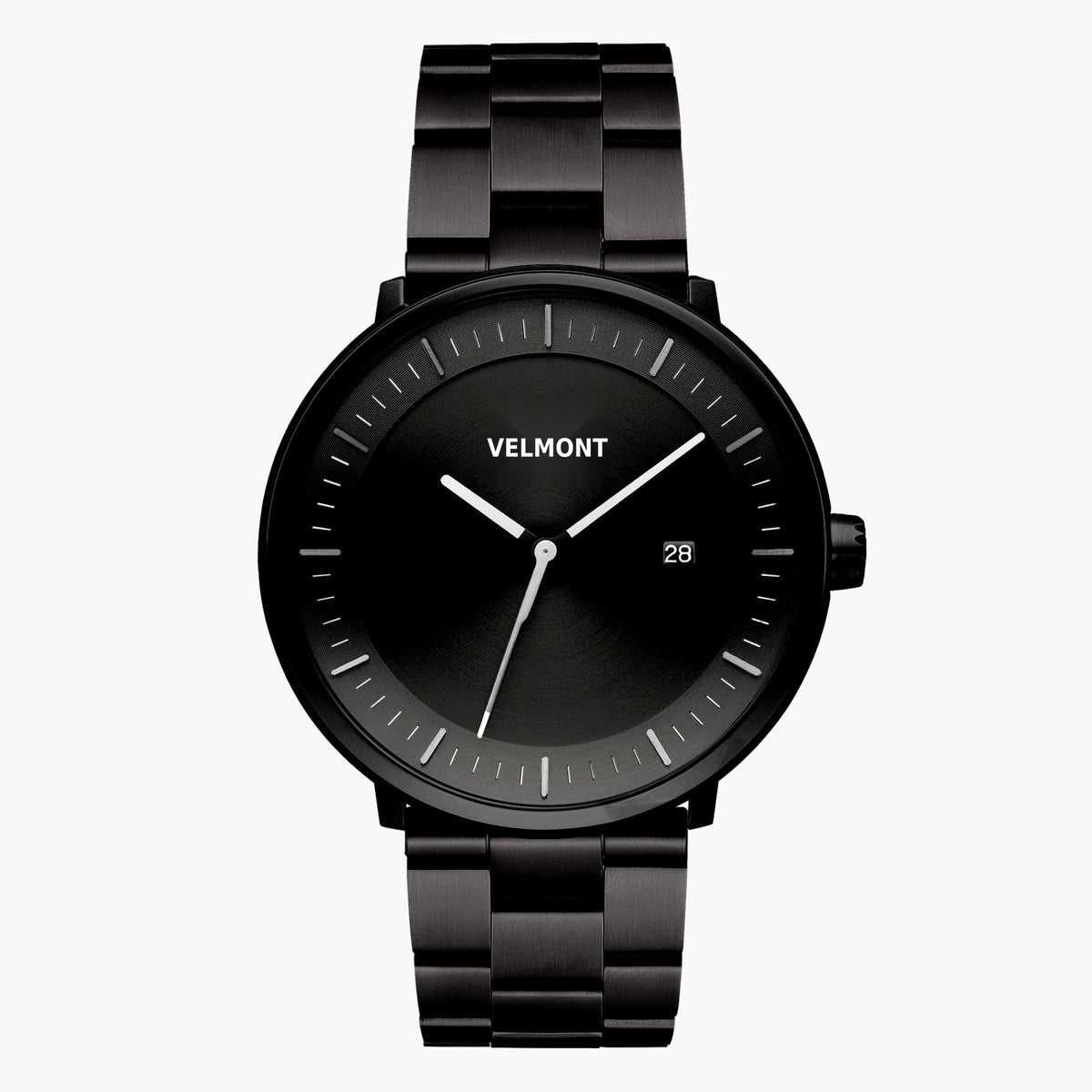 All-black watch with a sunburst dial and date window on a black link bracelet.