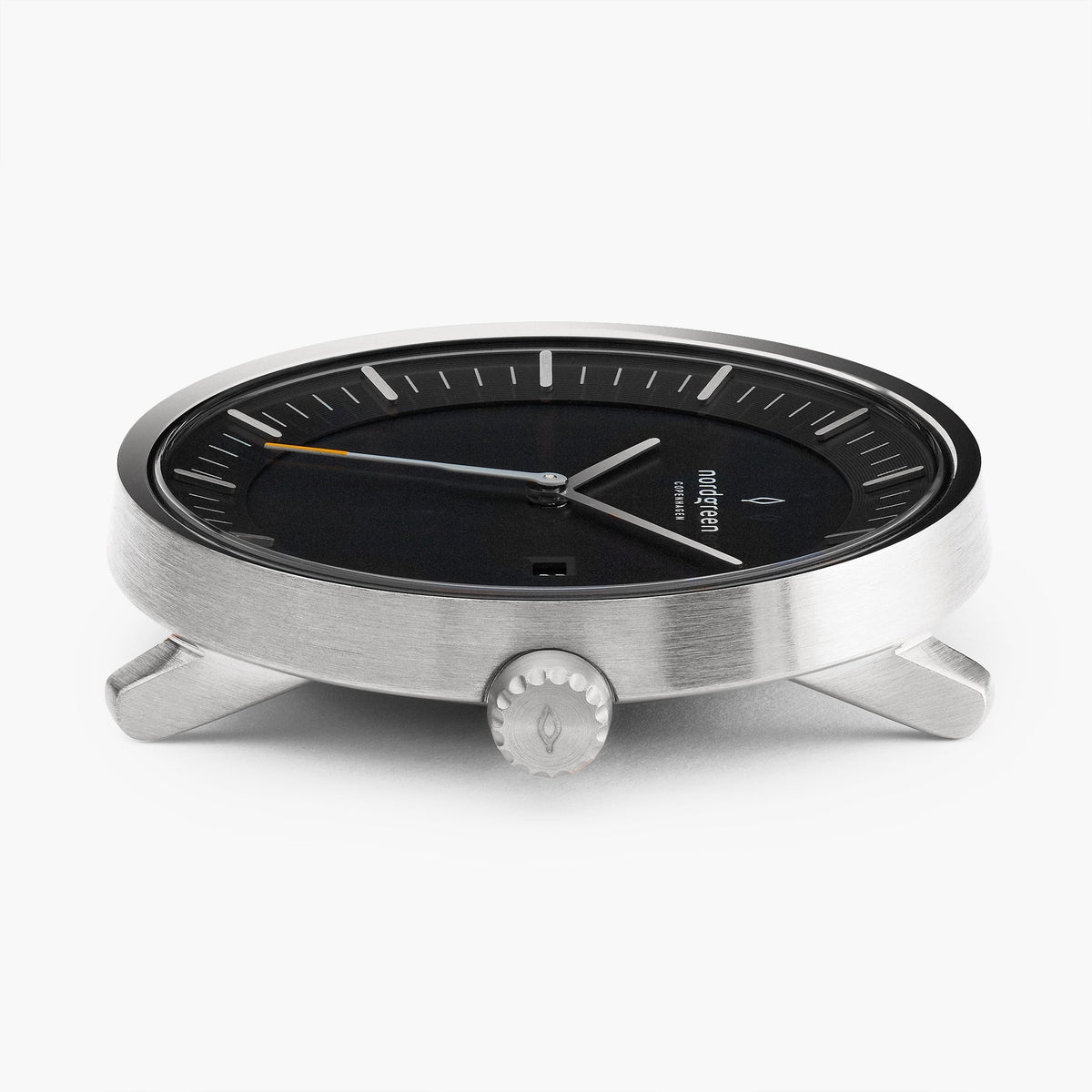 Side profile of the brushed silver-tone case and short lugs.