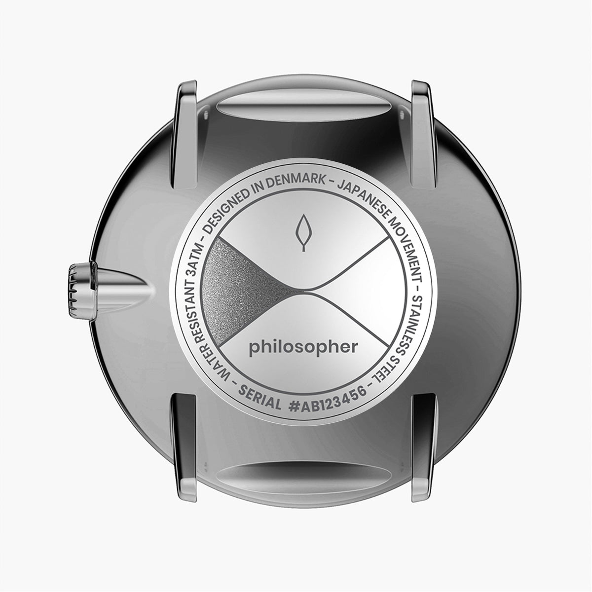 Engraved case back in a gray metal tone, shown without the strap.