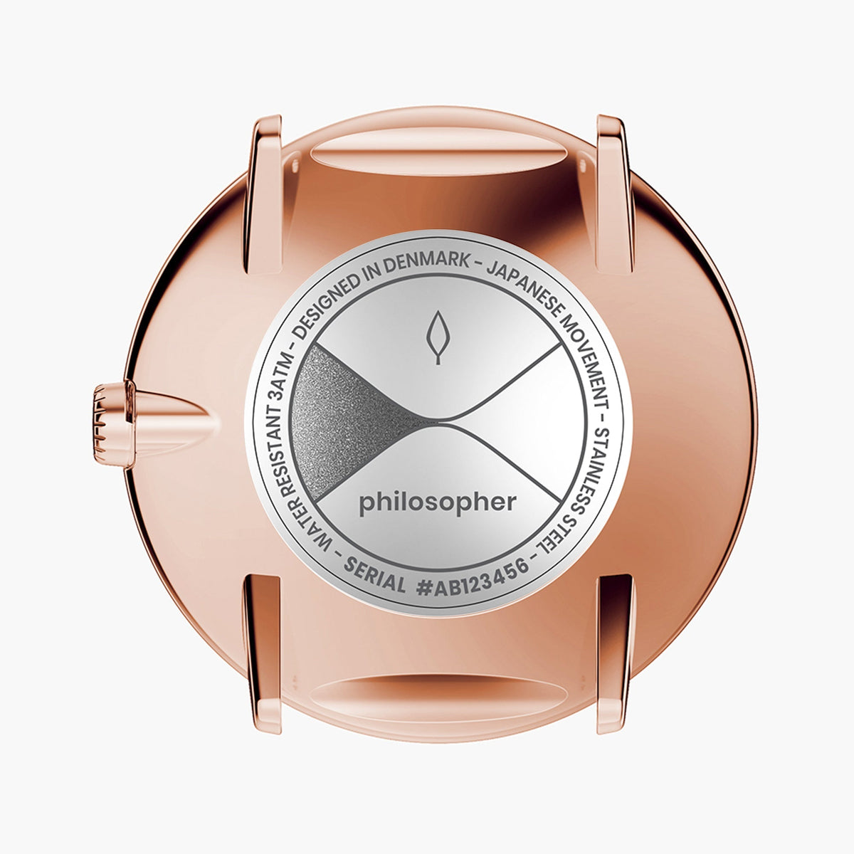 Rose gold-tone case back with a silver-tone center medallion.