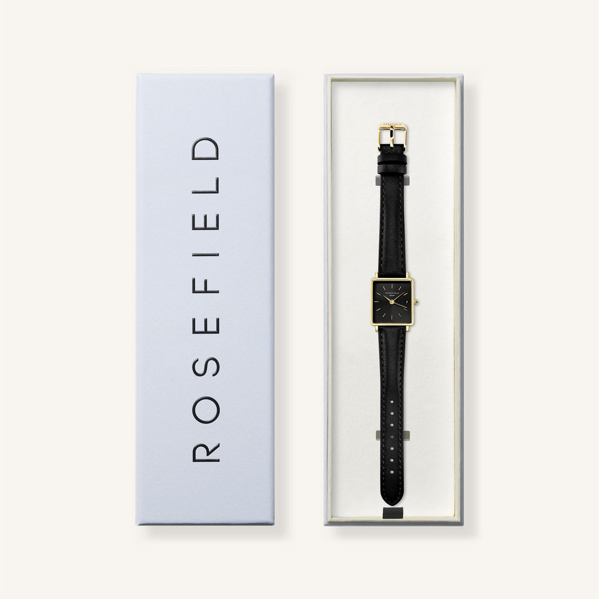 Black square watch in its gift box