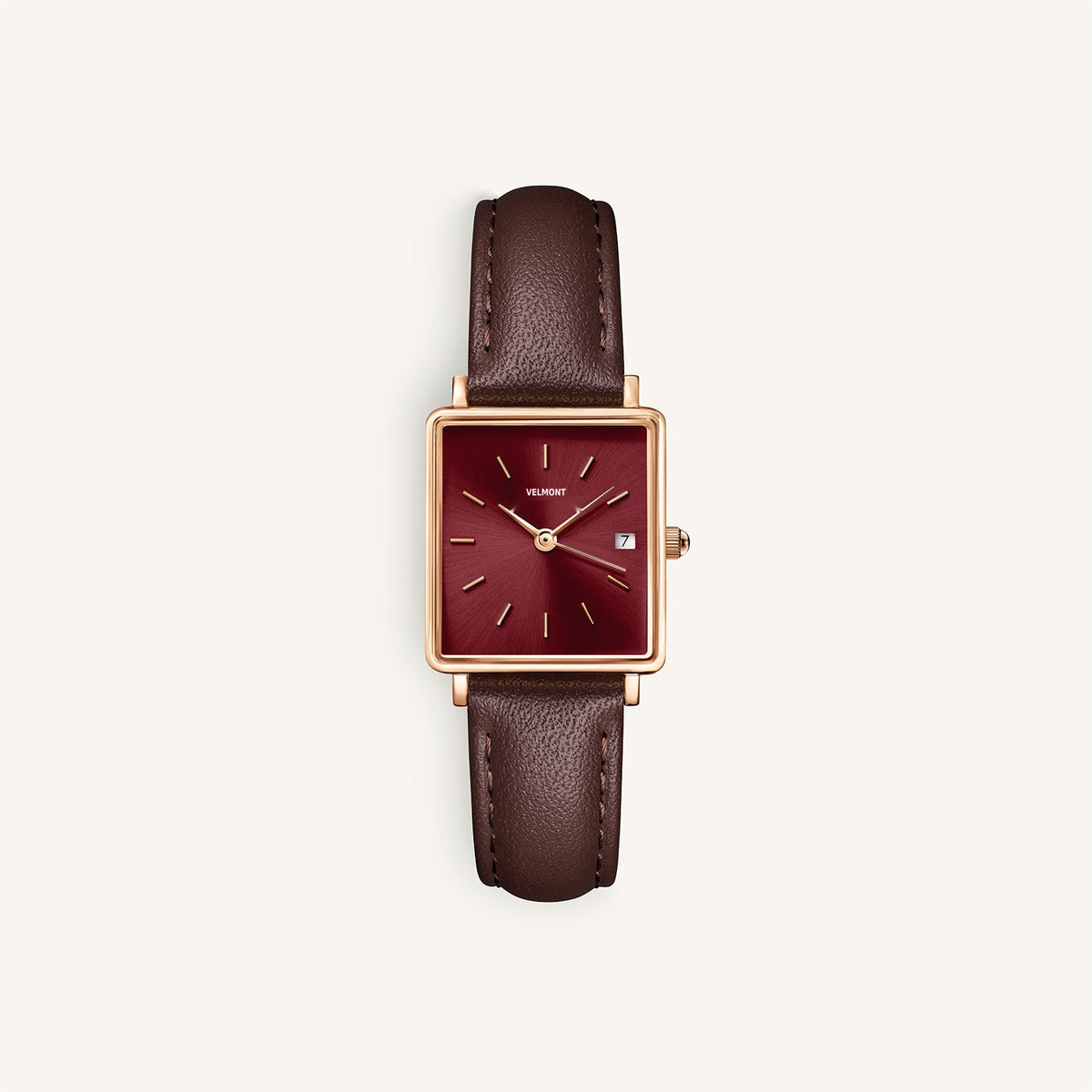 Rose gold-tone square watch with burgundy dial and dark brown strap, front view