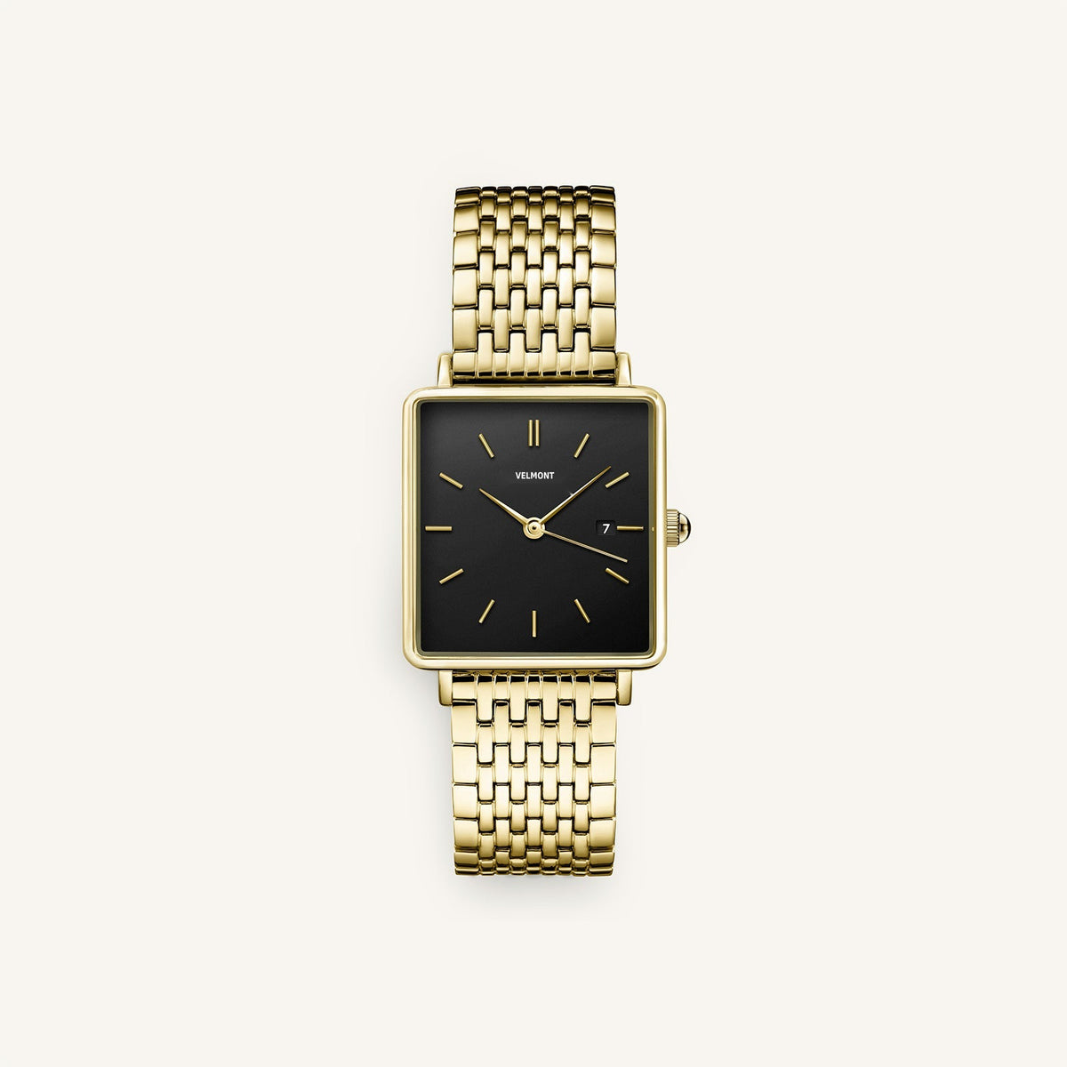 Gold-tone square watch with black dial, front view