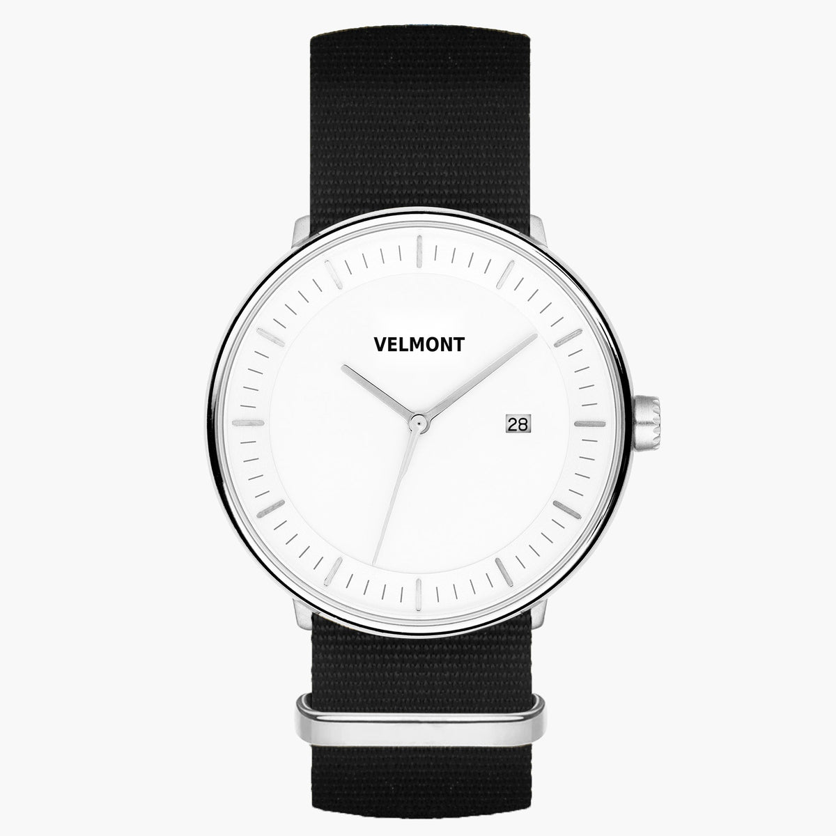 Watch with a white dial and silver-tone case on a black woven strap.