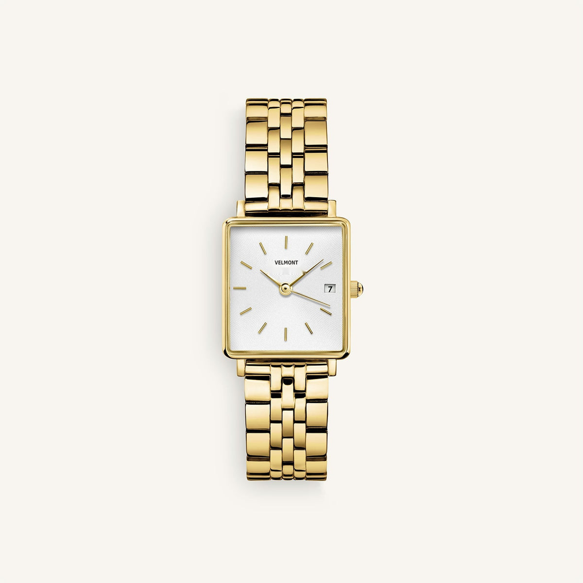 Gold-tone square watch with white dial, front view