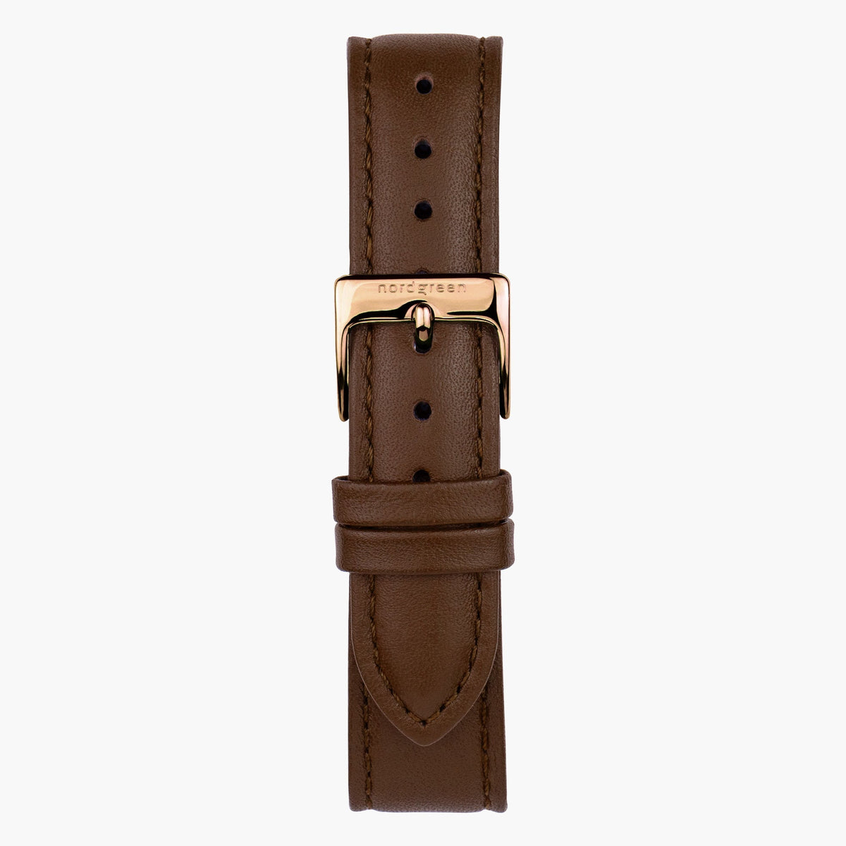 Detached brown strap fastened with a rose gold-tone pin buckle.