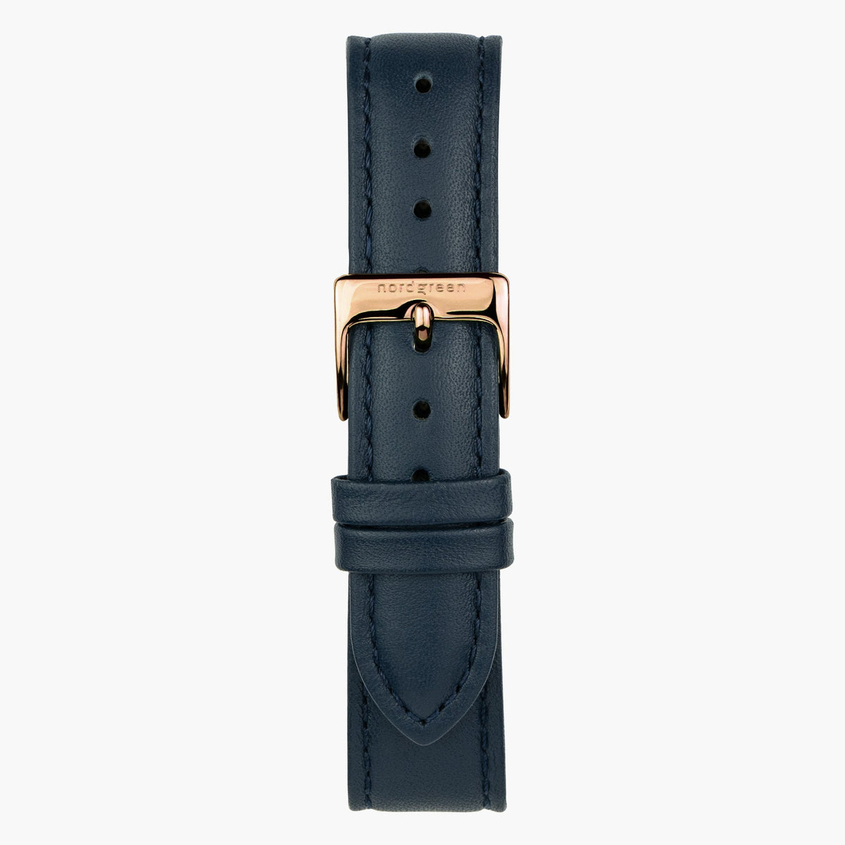 Navy strap with tonal stitching and a rose gold-tone pin buckle.