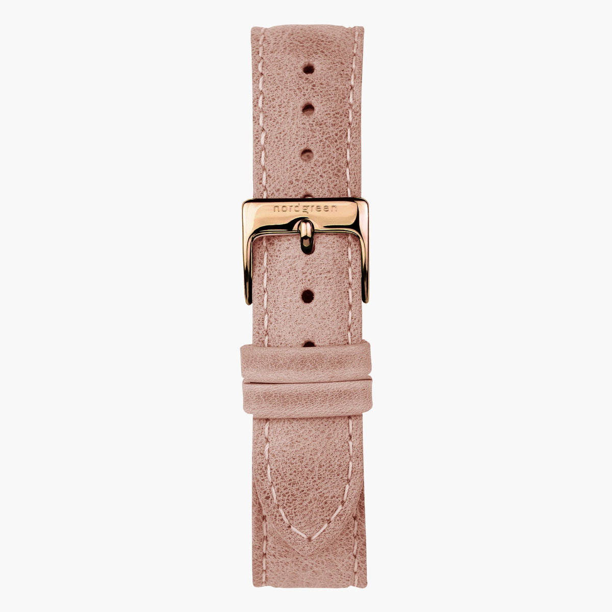 Pink strap with light stitching and a rose gold-tone pin buckle.