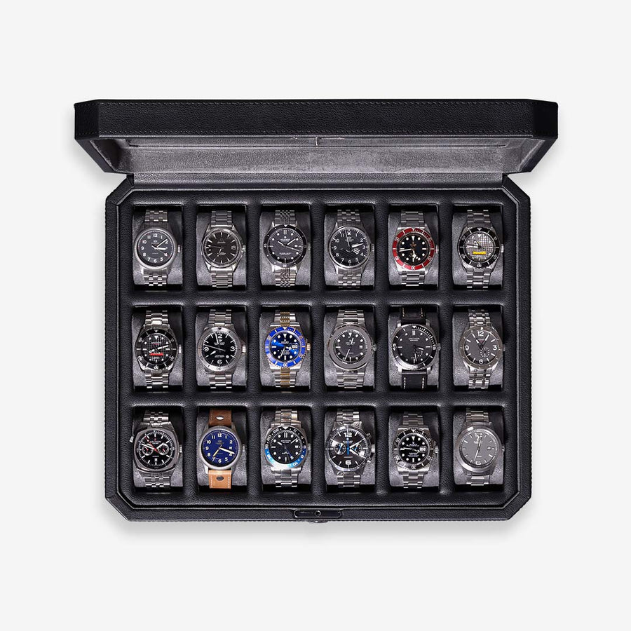 Eighteen-slot display case from above, filled with watches