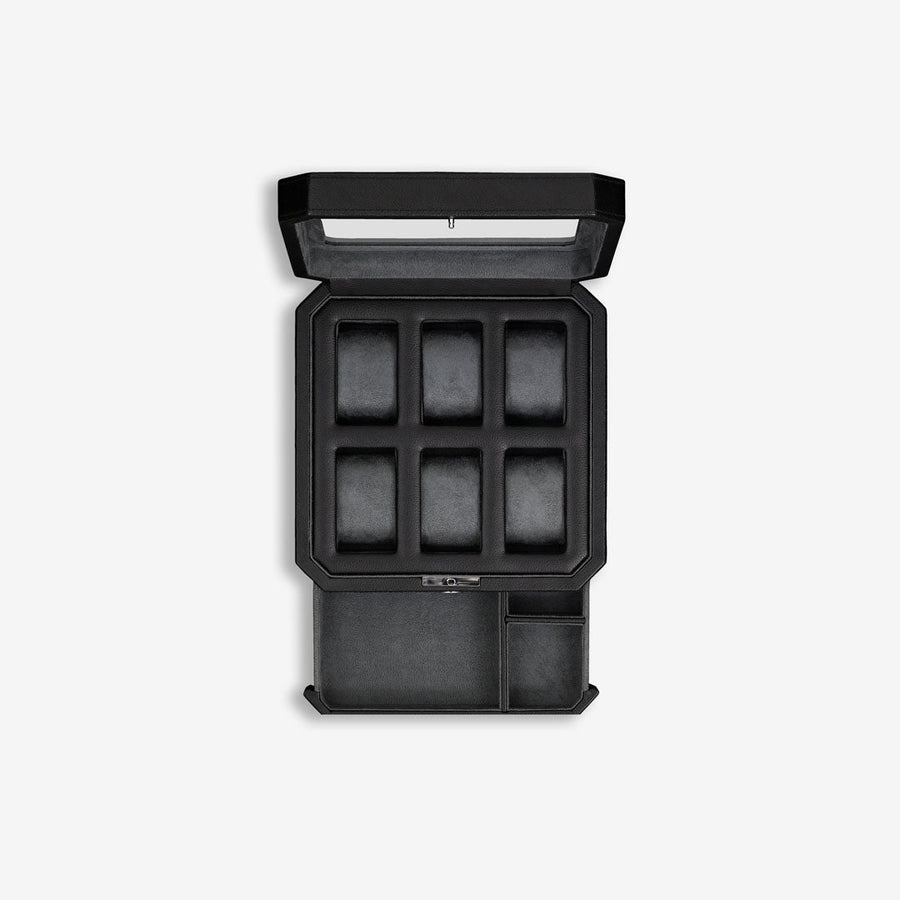 Six-slot black watch box from above with open lid and drawer