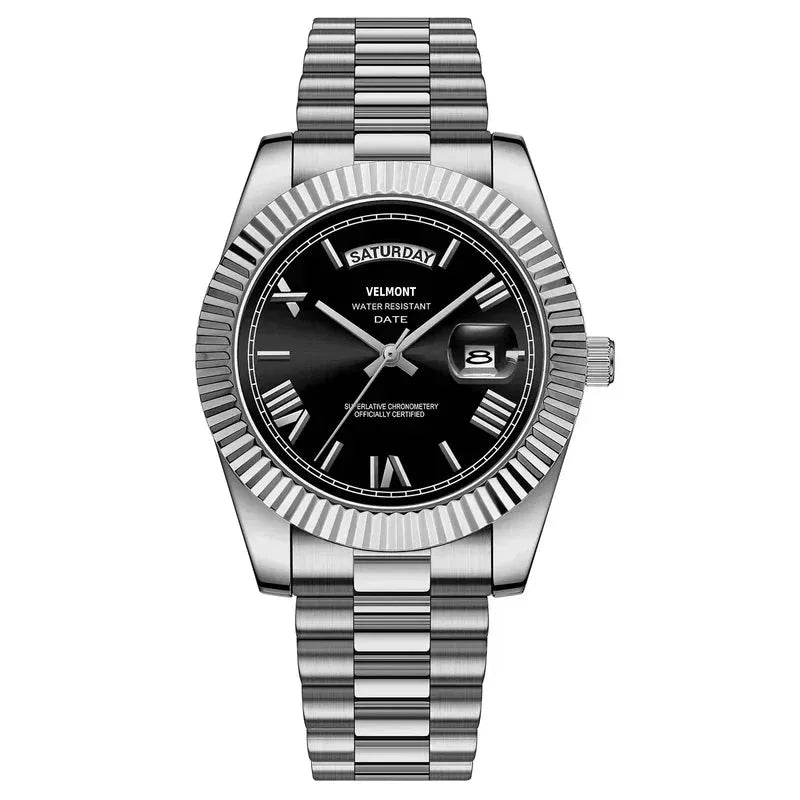 Steel watch with black dial and fluted bezel
