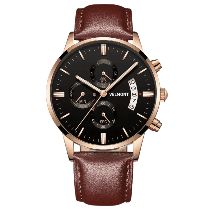 Black dial rose gold-tone chronograph on a brown strap