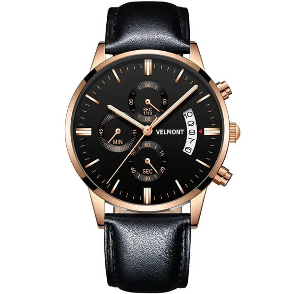Black dial rose gold-tone chronograph on a black strap