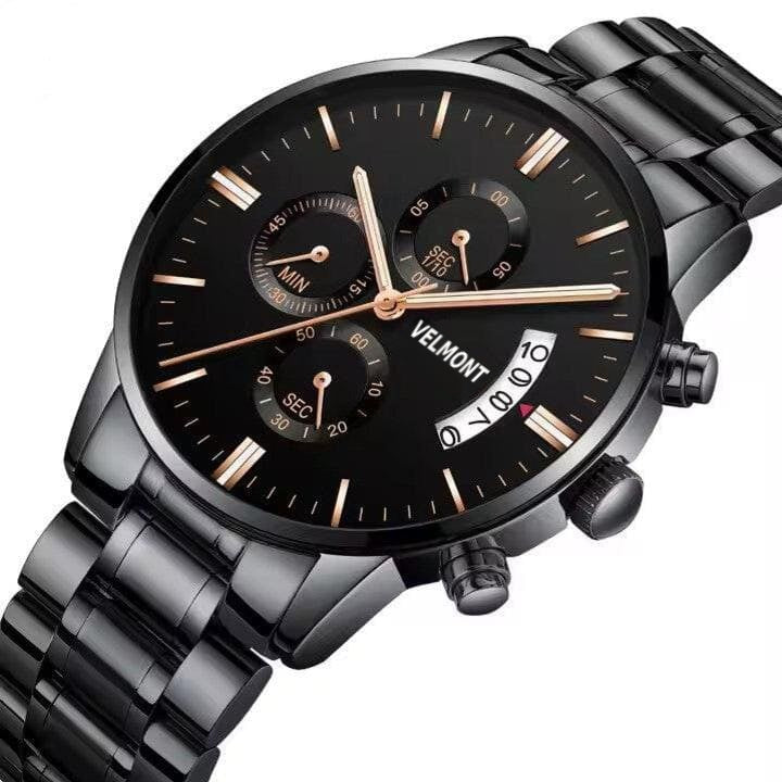Black and rose gold-tone dial at an angle