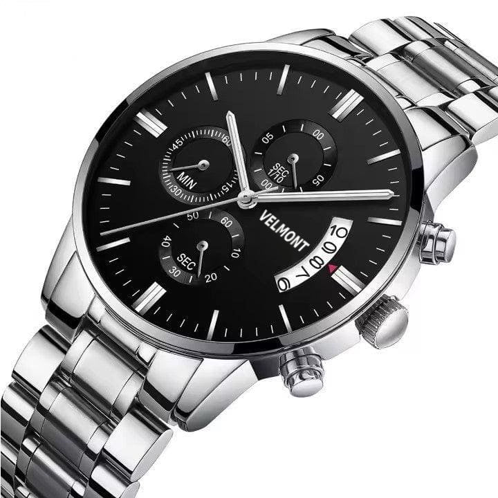 Black dial on silver bracelet at an angle