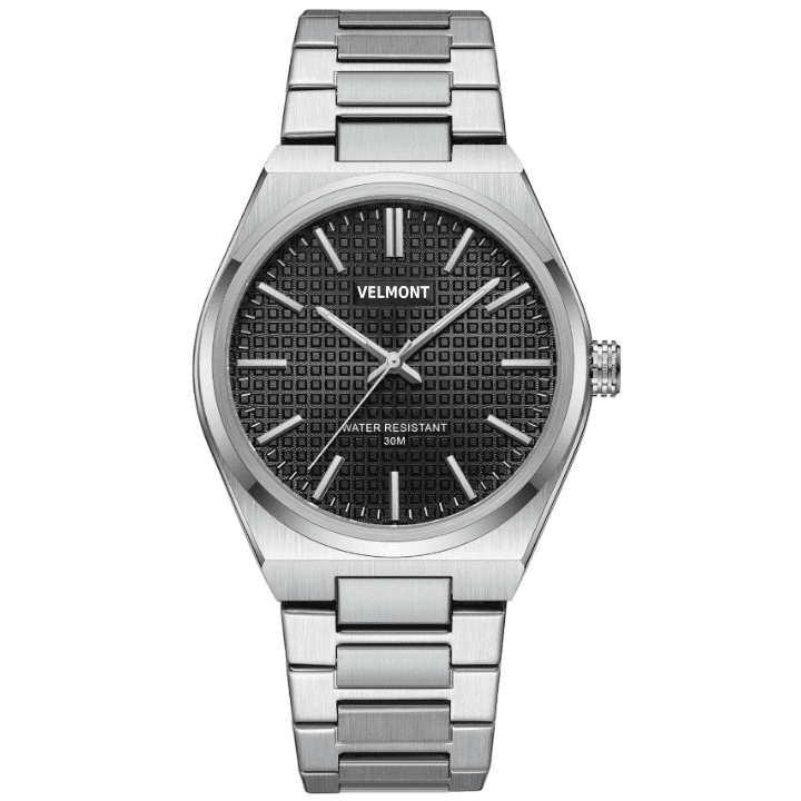 Steel watch with black waffle dial