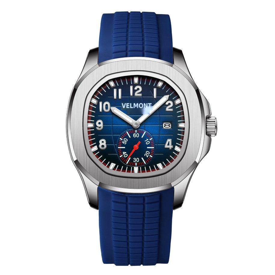 Silver-tone watch with blue grid dial and blue rubber strap, front view