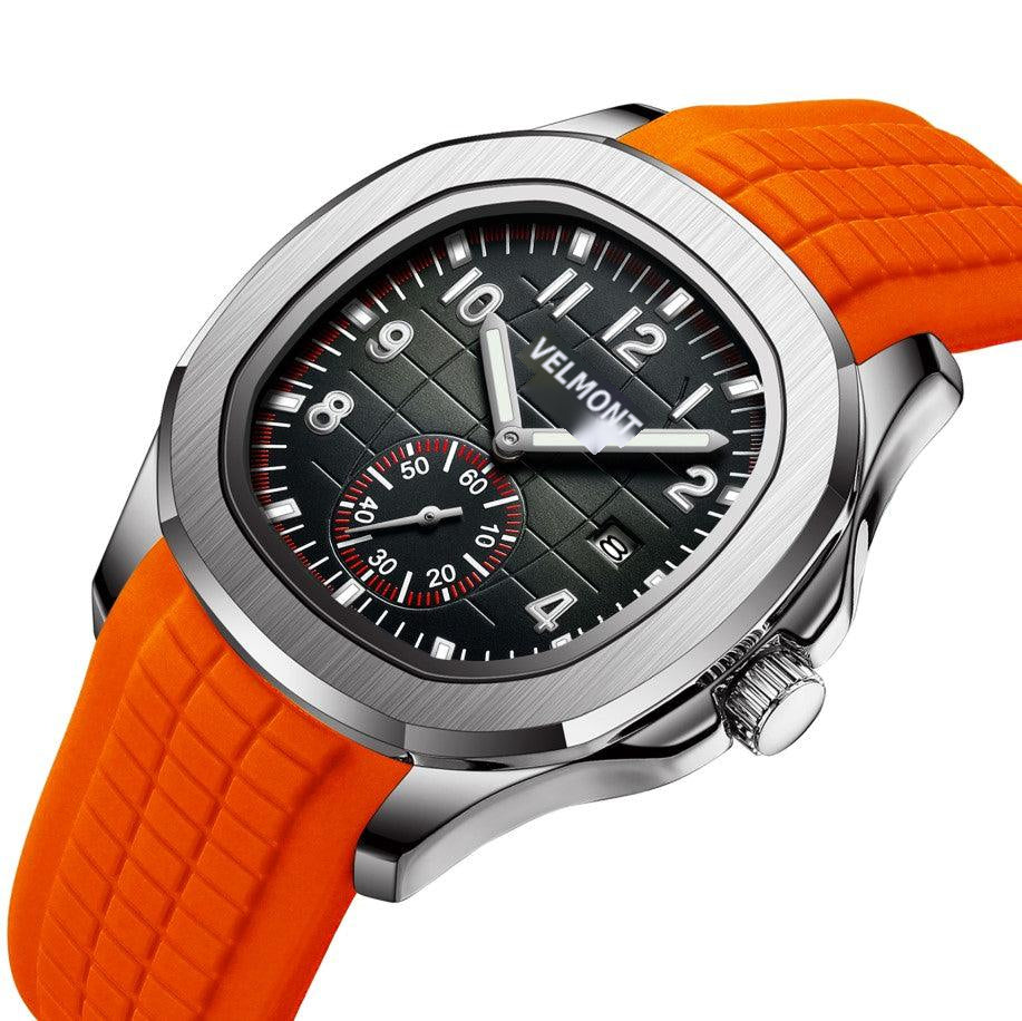 Orange-strap watch at an angle showing the sub-dial and date