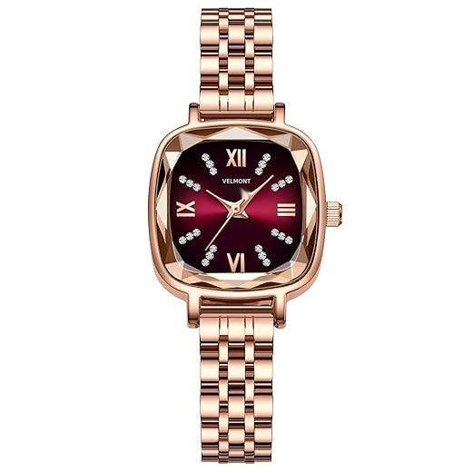 Square watch with burgundy dial