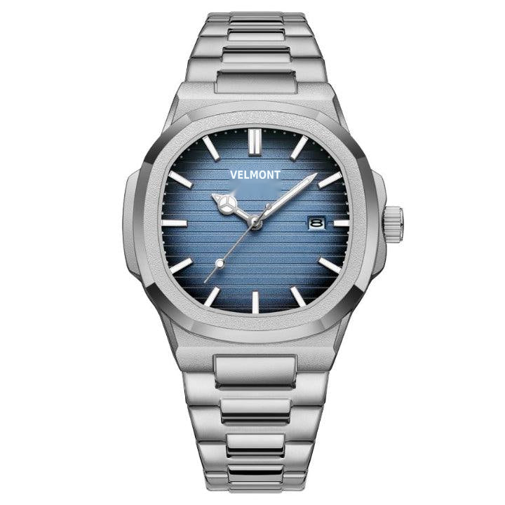 Steel octagonal watch with blue striped dial