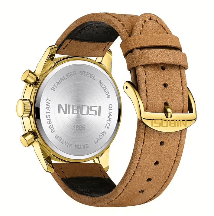 Gold-tone case back and buckle