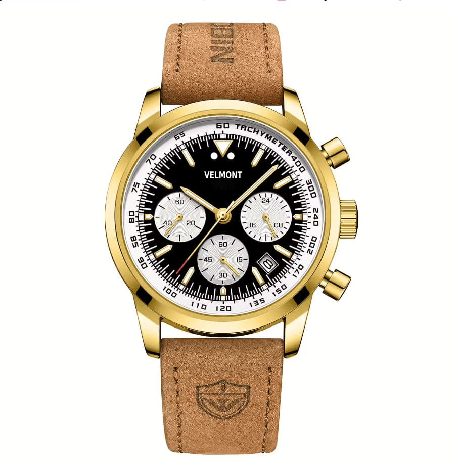 Gold-tone chronograph with black dial