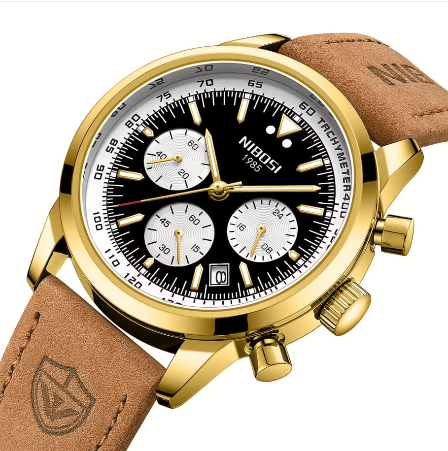 Gold-tone chronograph at an angle
