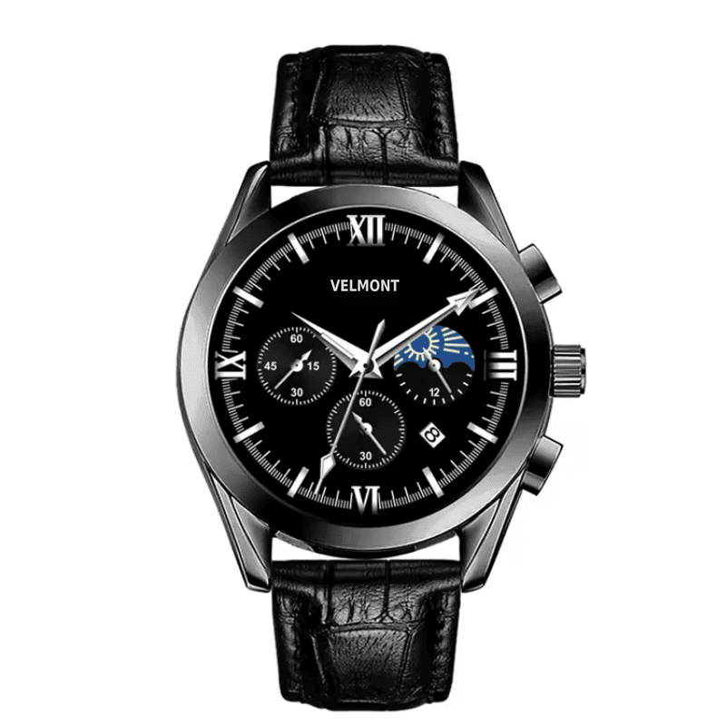 Black dress watch with Roman numerals on black strap