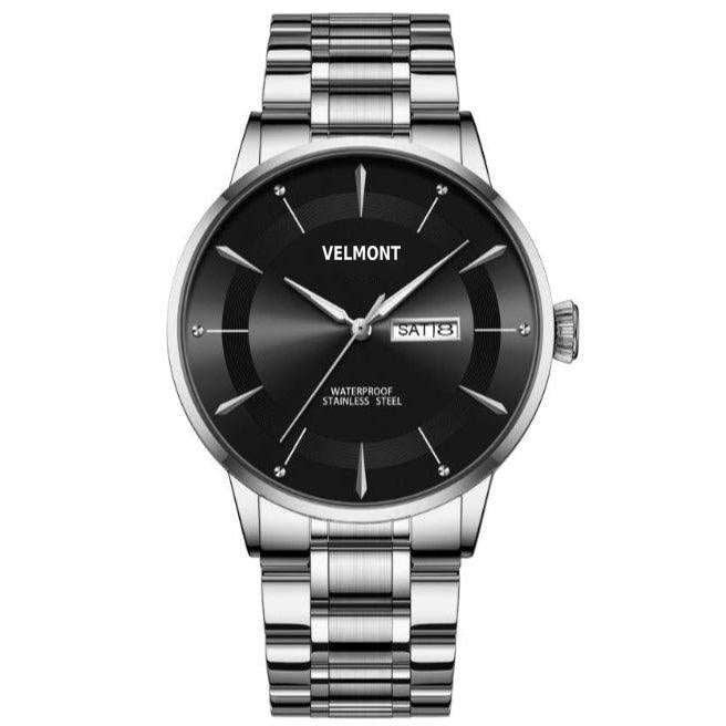 Steel watch with black baton dial and day-date