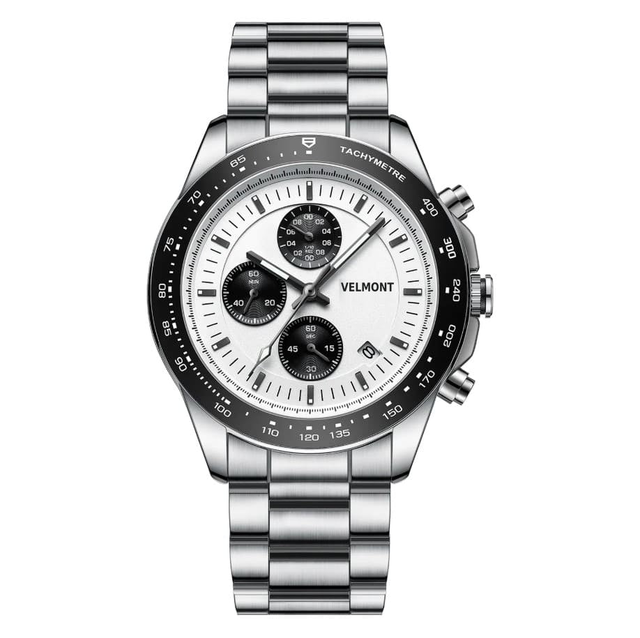 Panda dial chronograph on a steel bracelet