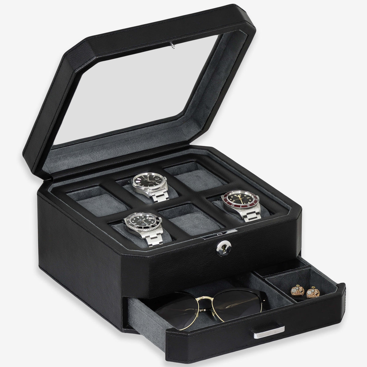 Six-slot watch box with three watches and open drawer