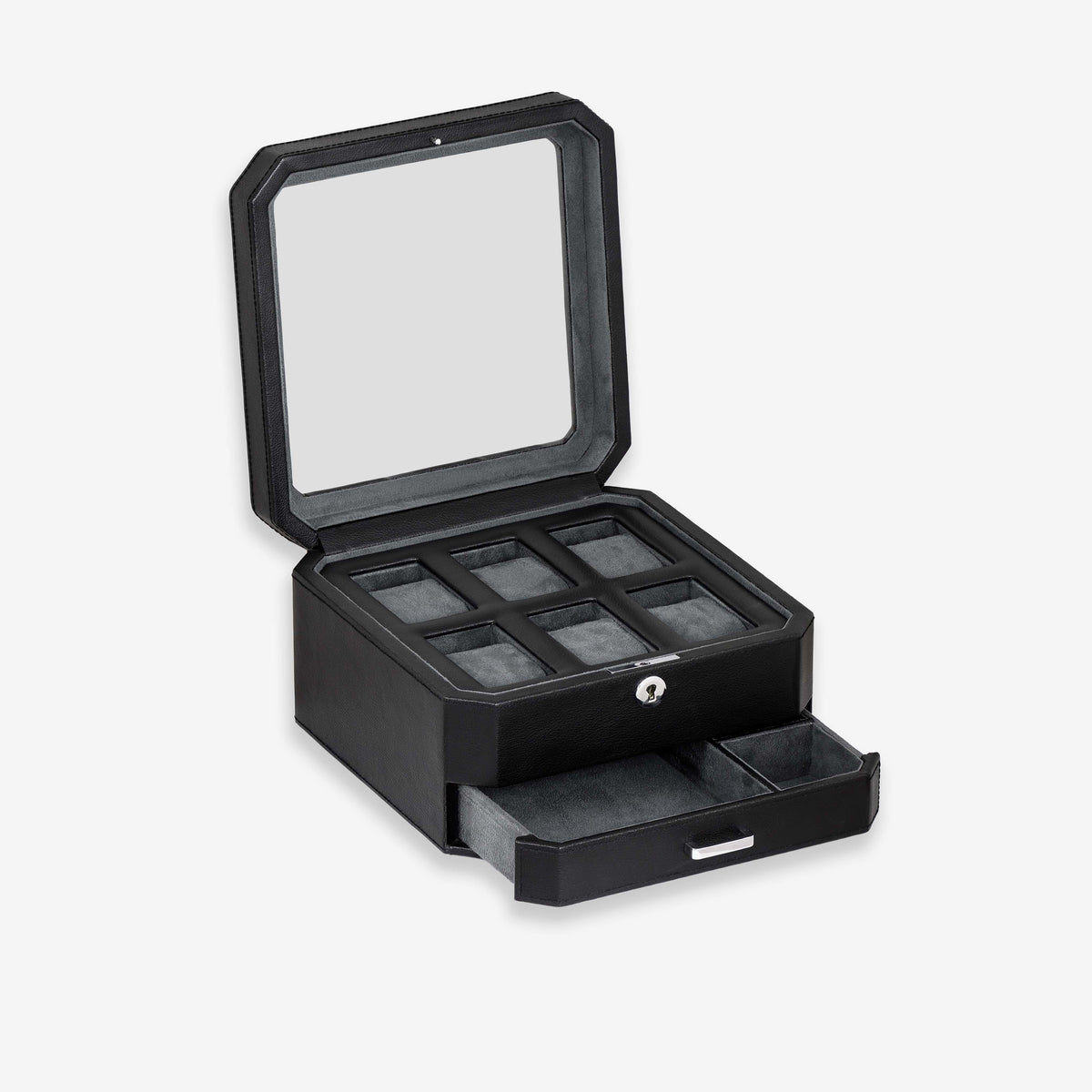 Empty six-slot watch box with glass lid open and drawer pulled out