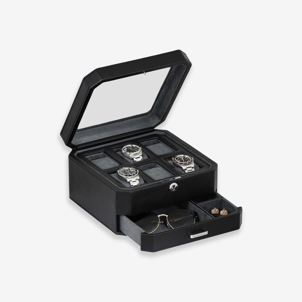 Six-slot watch box with three watches and sunglasses in the drawer