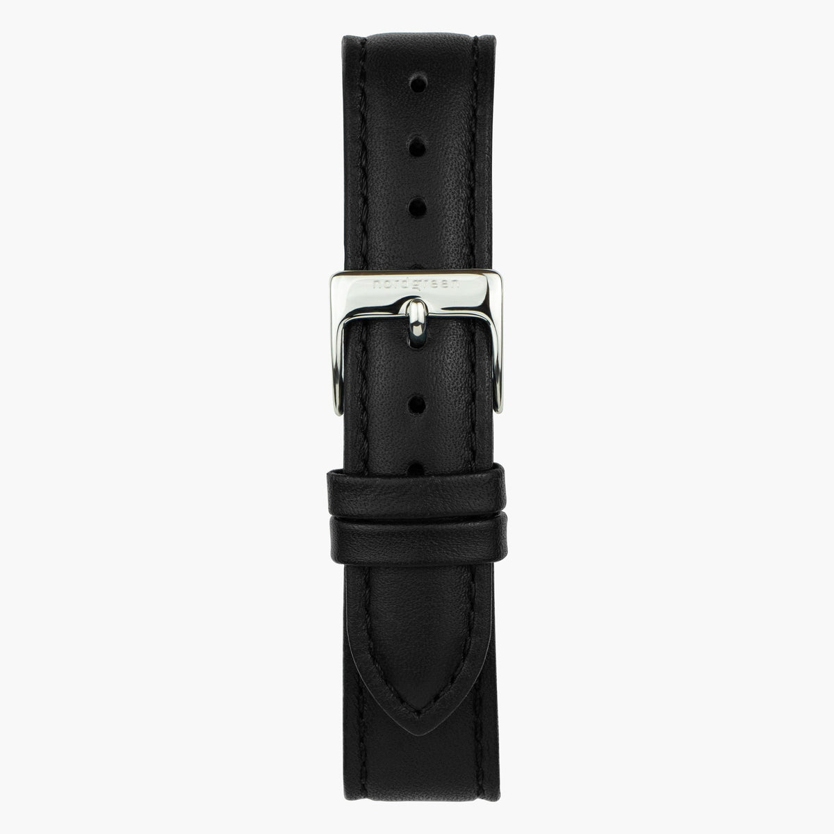 Black strap with a silver-tone pin buckle and keepers, laid out flat.