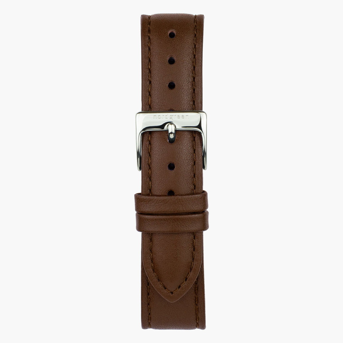 Close look at the brown strap and its silver-tone pin buckle.