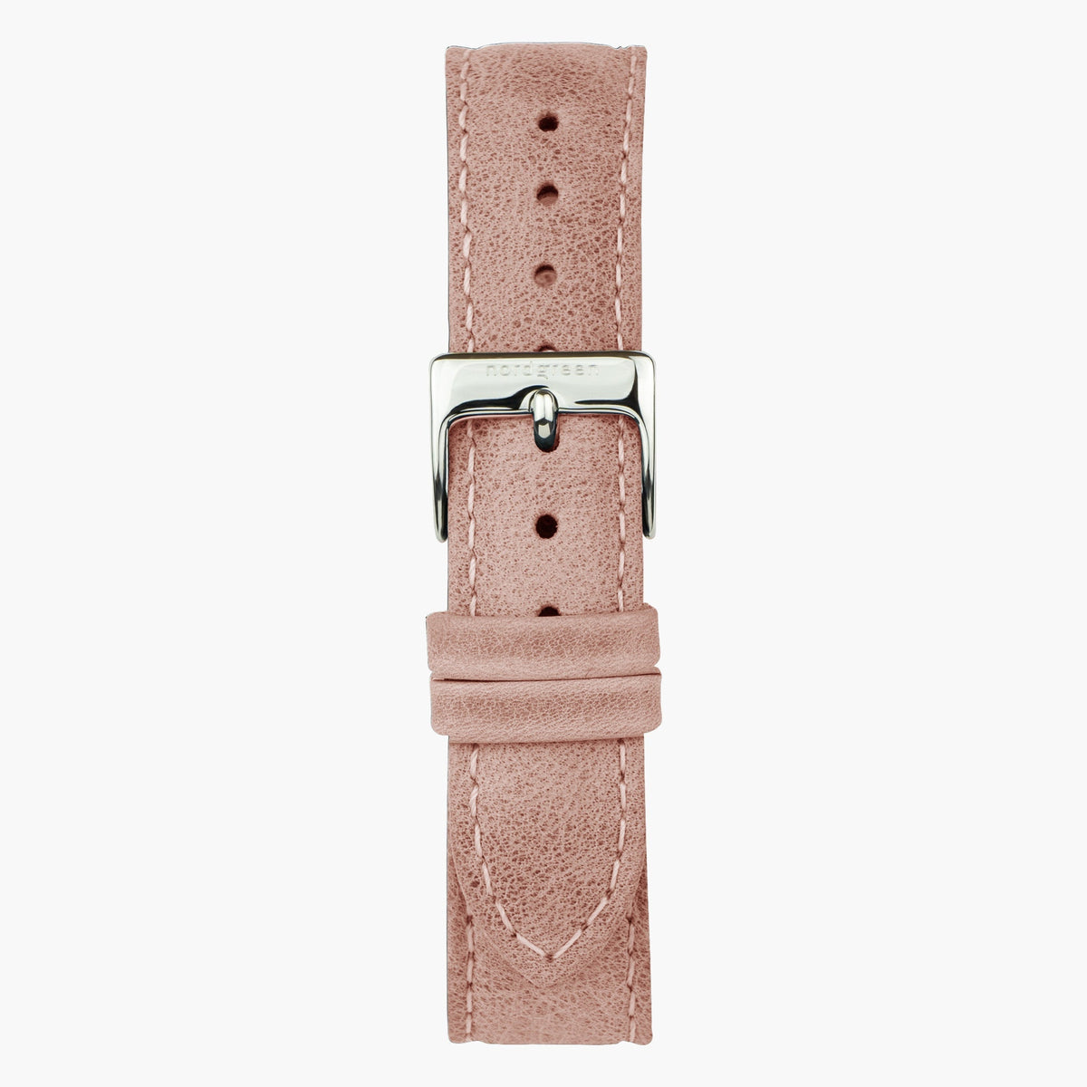Dusty pink strap laid flat, white stitching and a silver-tone buckle.