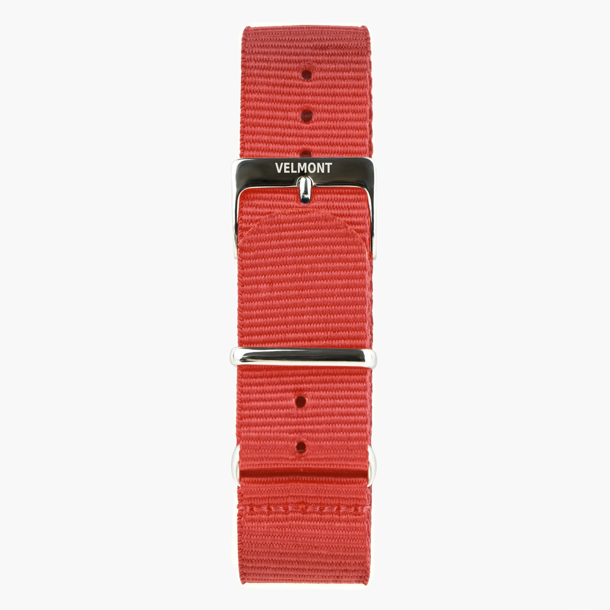 Bright red woven strap with a silver-tone buckle and keepers.