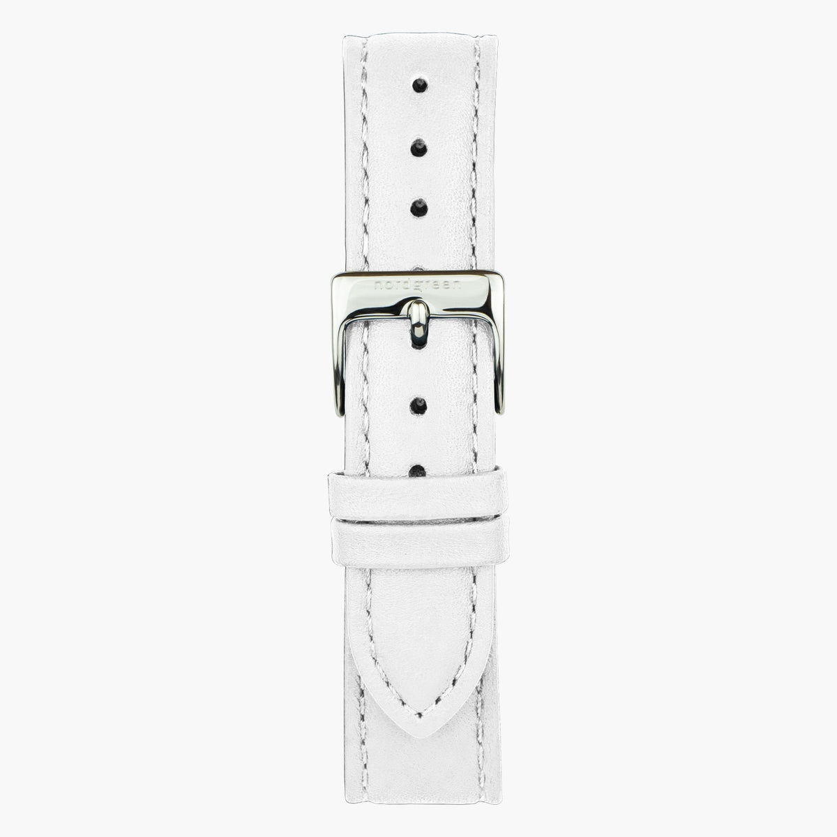 White strap with tonal stitching and a silver-tone pin buckle.