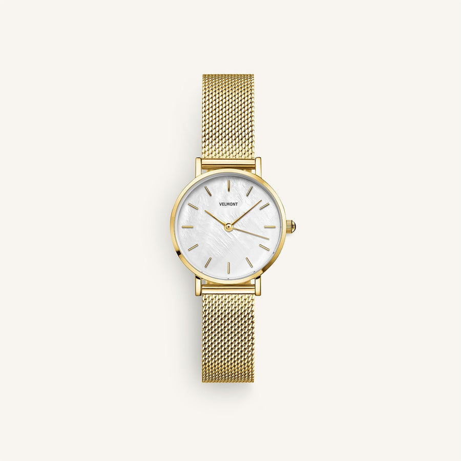 Gold-tone mesh strap watch with iridescent dial, front view