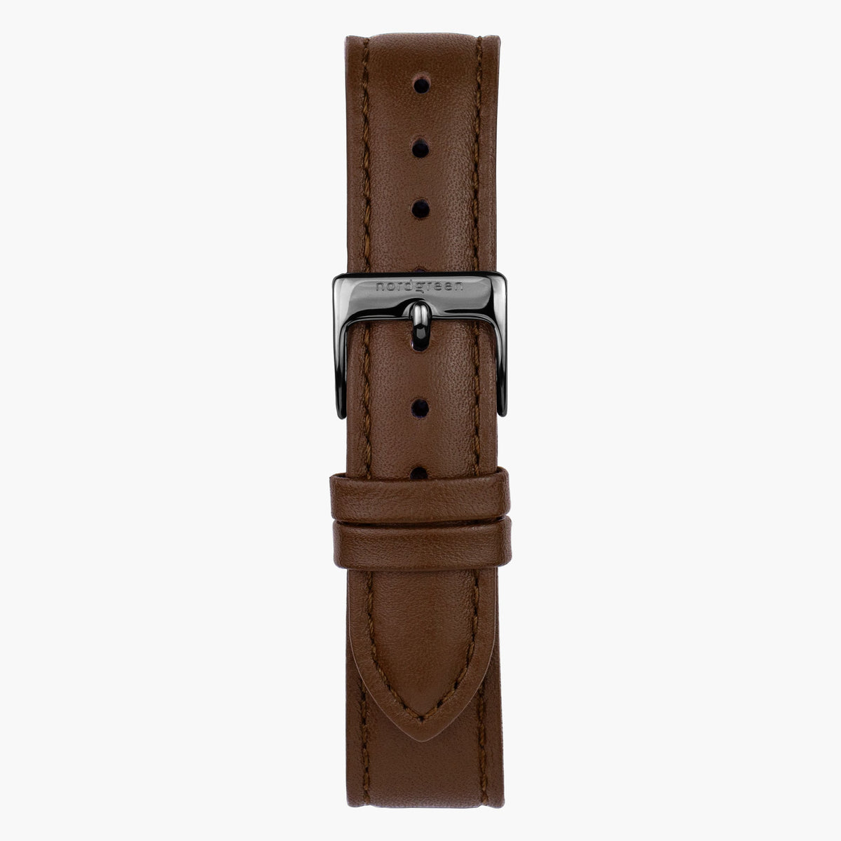 Smooth dark brown strap with a gunmetal buckle, shown flat on white.
