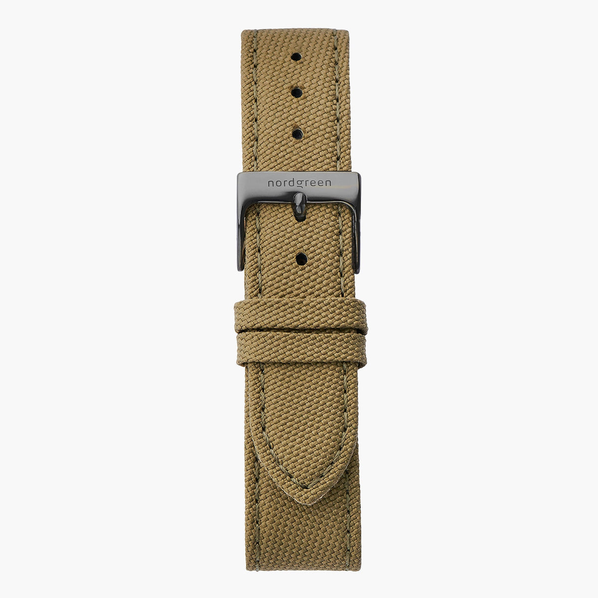 Khaki woven two-piece strap with stitching and a dark buckle, laid flat.