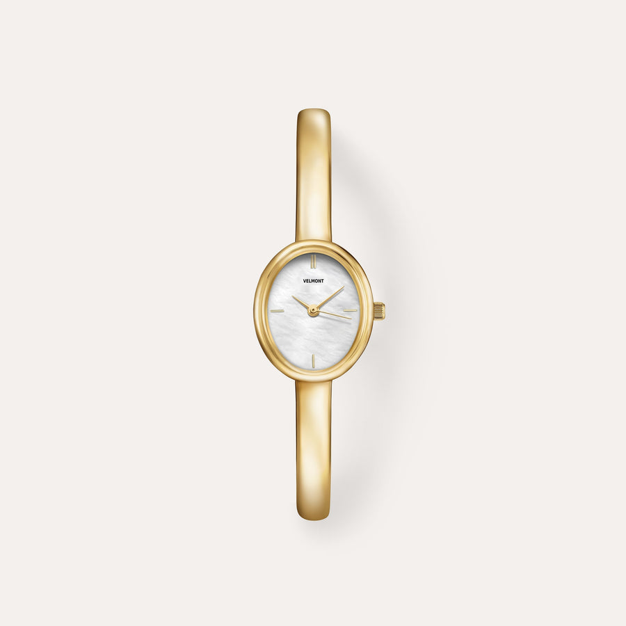 Gold-tone bangle watch with oval case, front view