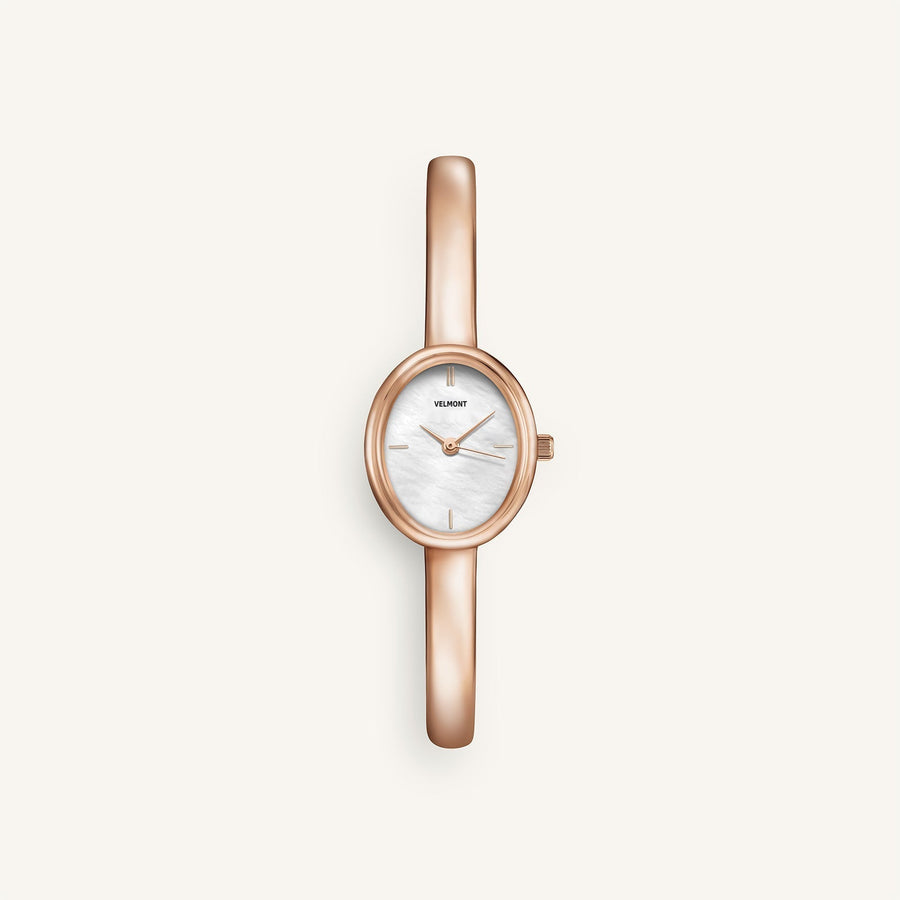 Rose gold-tone bangle watch with oval case, front view