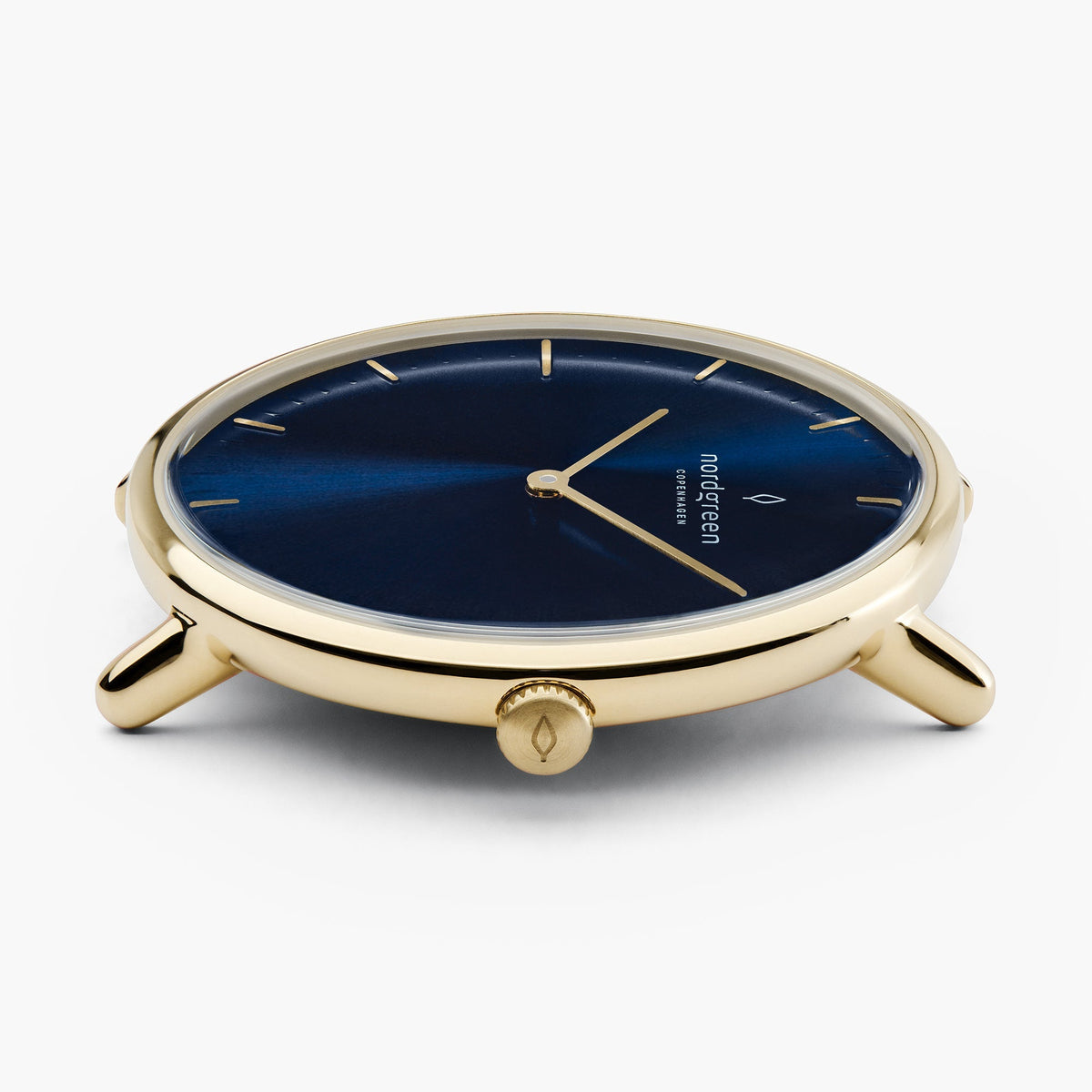 Side profile of the gold-tone case showing the knurled crown.