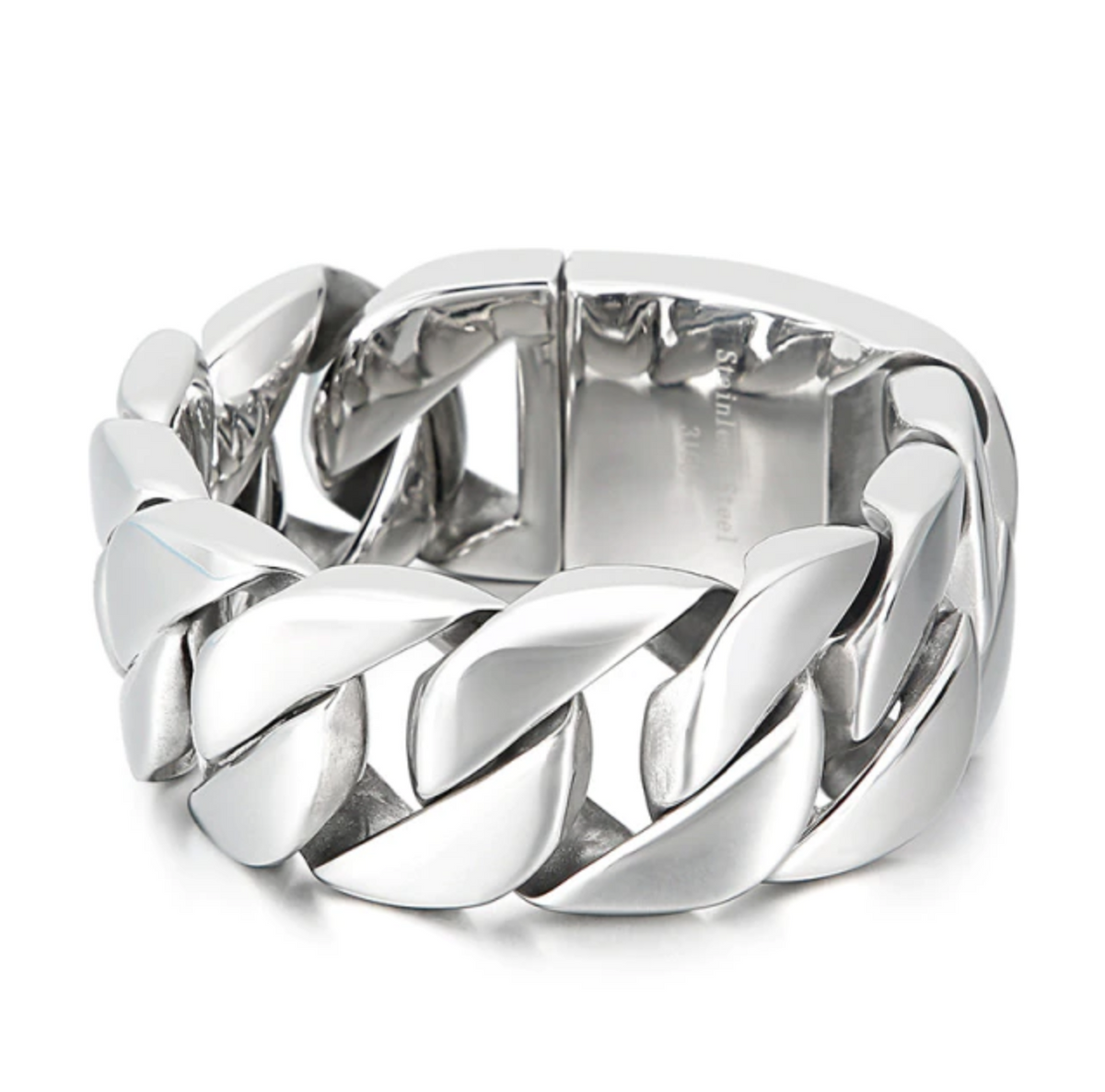 Silver-tone heavy curb bracelet, side view