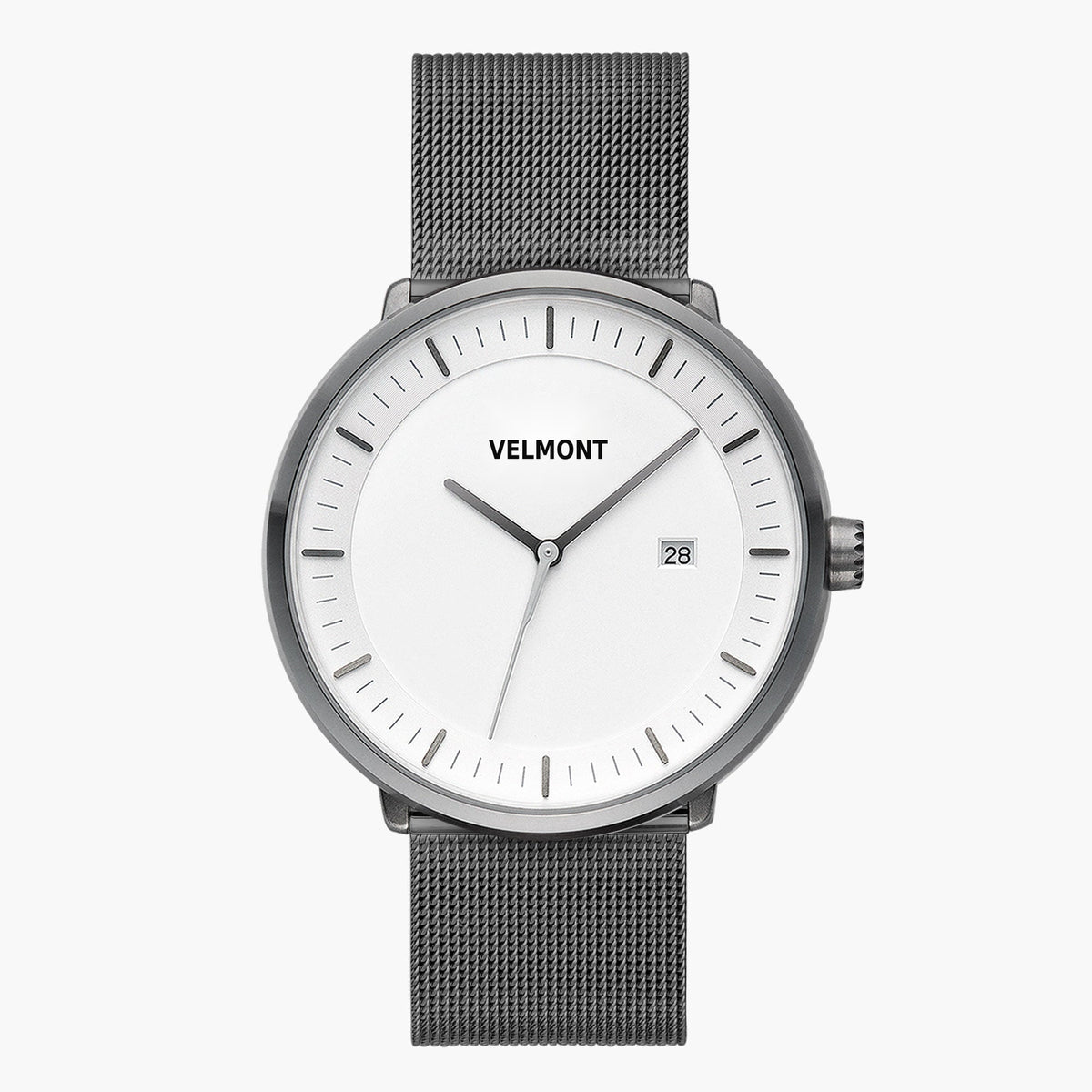 Front view of a gunmetal watch with a white dial on a gunmetal mesh strap.